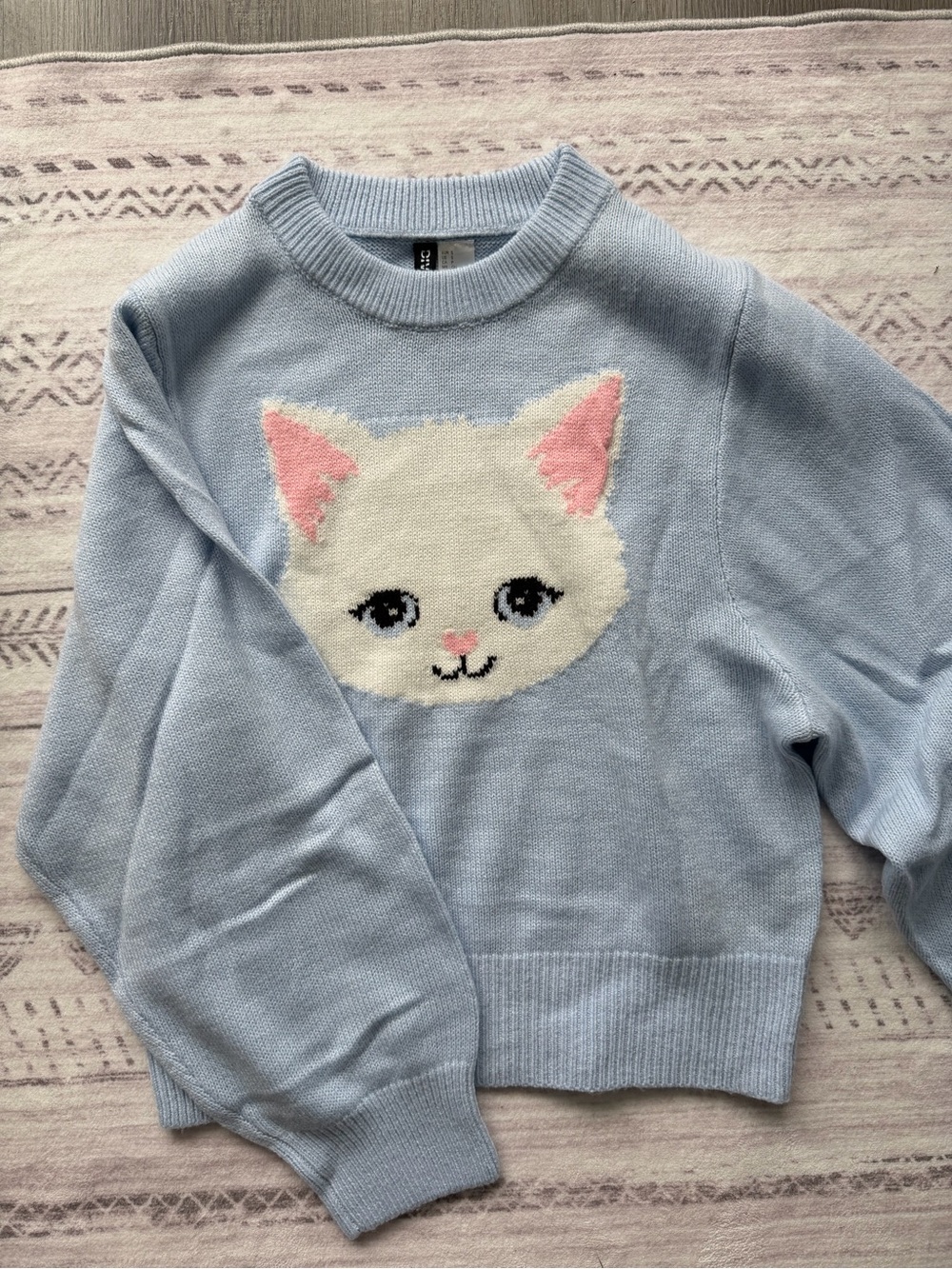 H&M Light Blue Sweater with White Cat Face and Pink Ear Details for Women S